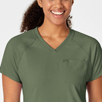 RENEW Women's Yoga V-Neck Scrub Top Olive front detail