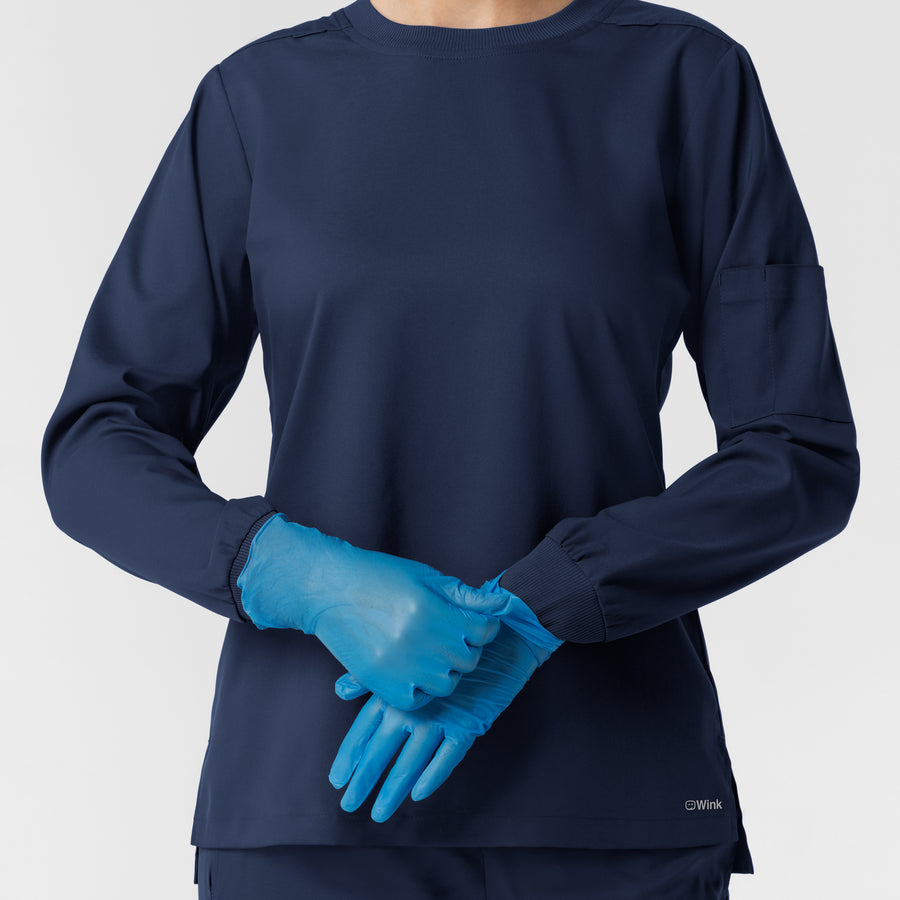 Boundless Women's Classic Long Sleeve Scrub Top - Navy rib knit cuffs with gloves