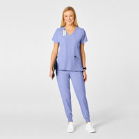 W123 Women's Flex Back Stylized V-Neck Scrub Top Ceil Blue full scrub set