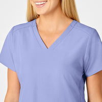 W123 Women's Flex Back Stylized V-Neck Scrub Top Ceil Blue front detail