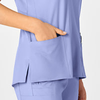 W123 Women's Flex Back Stylized V-Neck Scrub Top Ceil Blue hemline detail