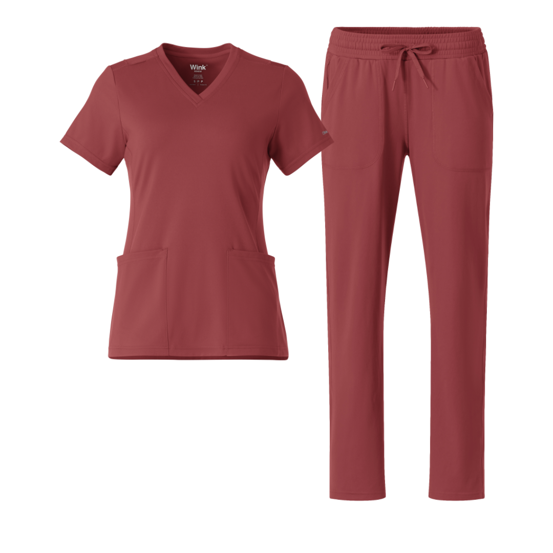 RENEW Knit V-Neck and Wide Leg Scrub Set - Ruby