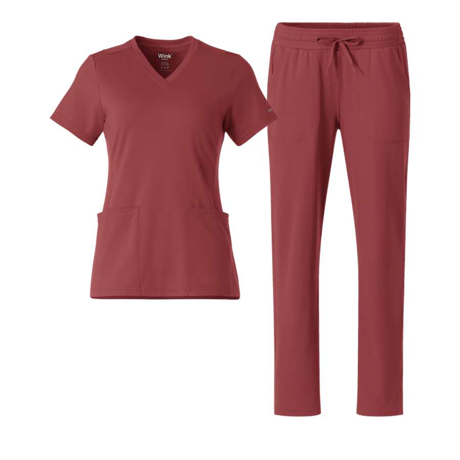 RENEW Knit V-Neck and Wide Leg Scrub Set - Ruby