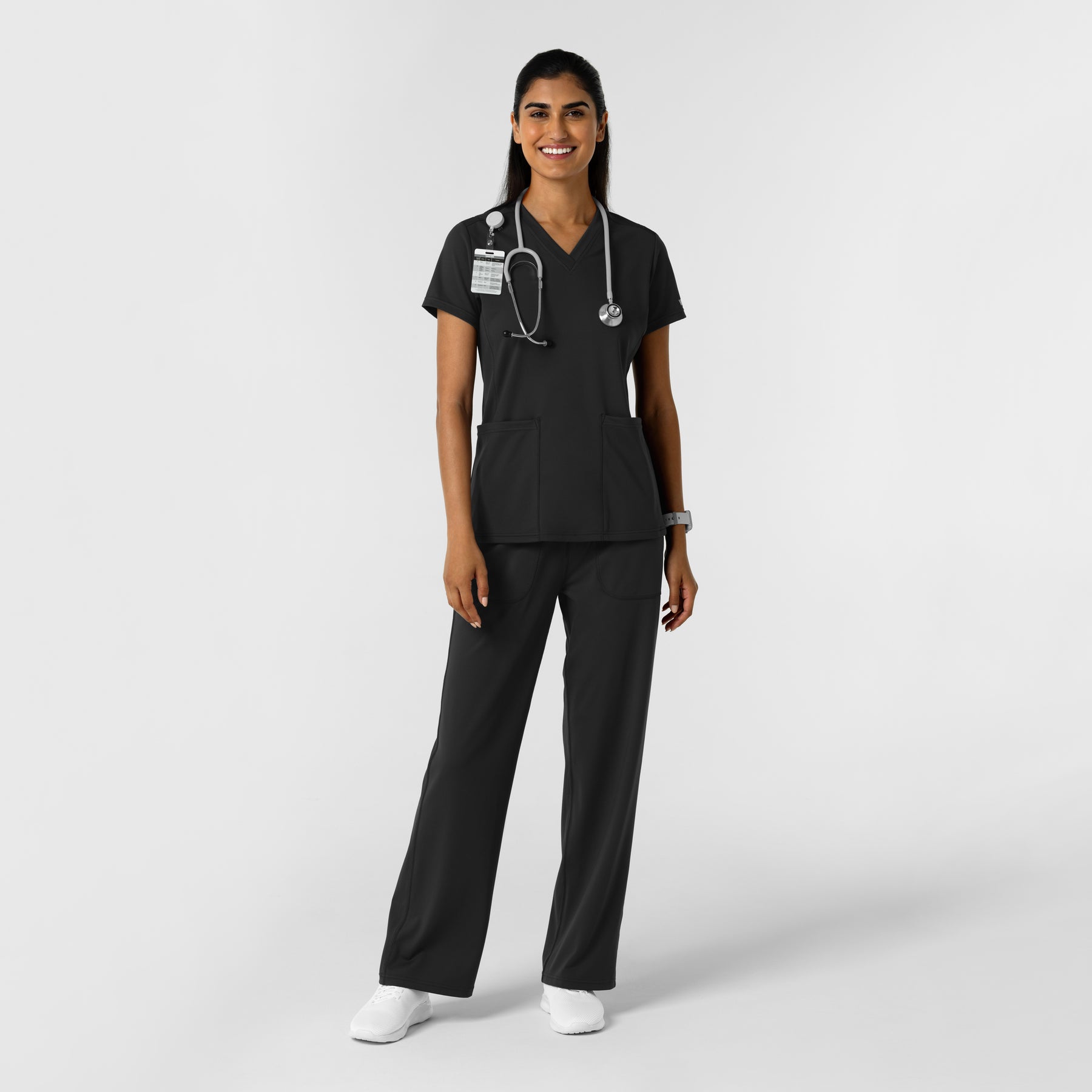 RENEW Knit Women's 2-Pocket Scrub Top Black full scrub set