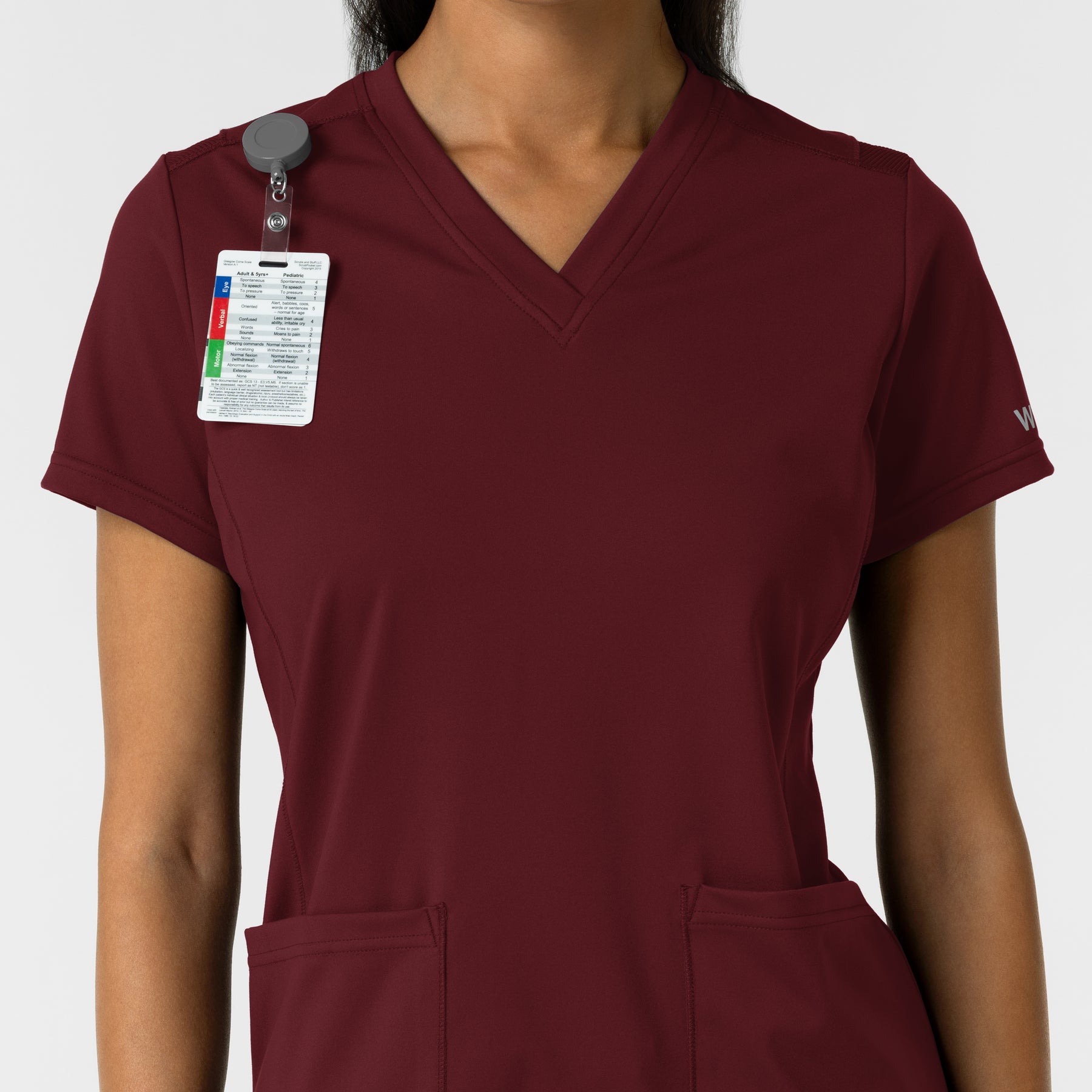 RENEW Knit Women's 2-Pocket Scrub Top Burgundy side detail 1