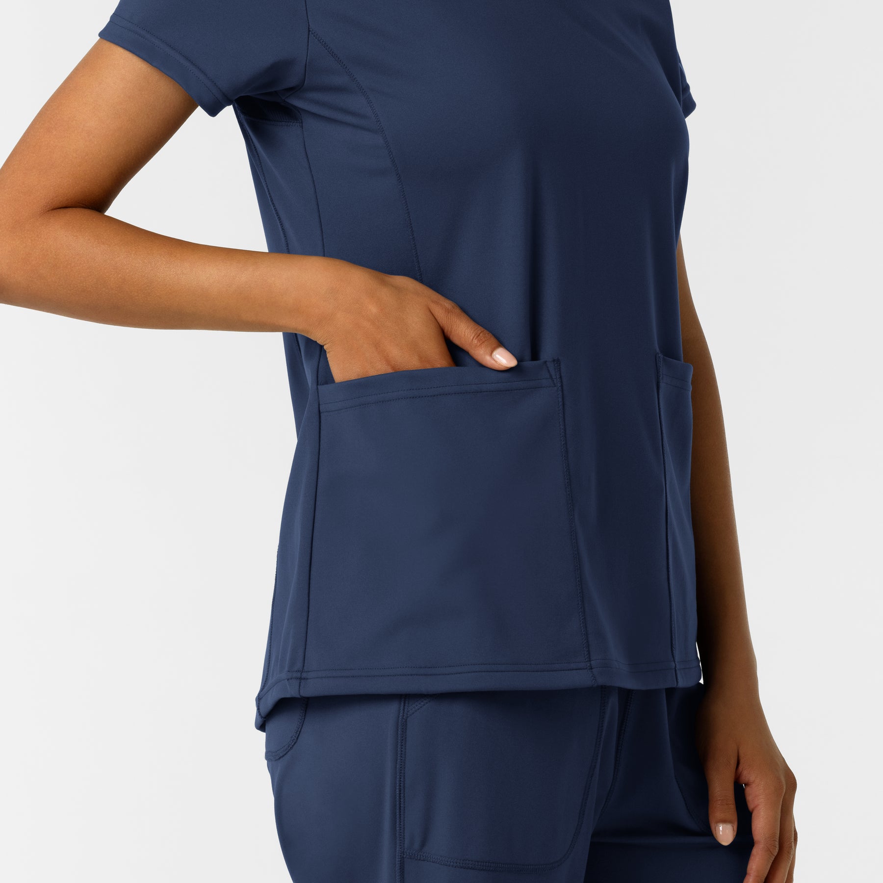 RENEW Knit Women's 2-Pocket Scrub Top Navy side detail 2
