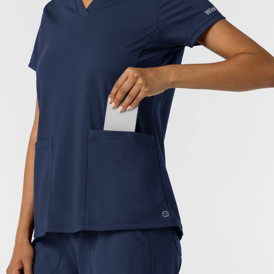 RENEW Knit Women's 2-Pocket Scrub Top Navy hemline detail