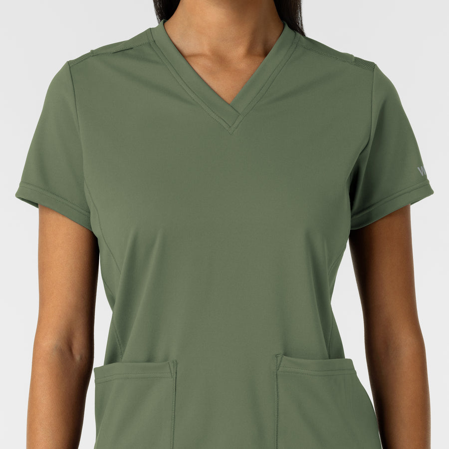 RENEW Knit Women's 2-Pocket Scrub Top Olive front detail