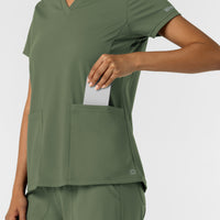 RENEW Knit Women's 2-Pocket Scrub Top Olive hemline detail