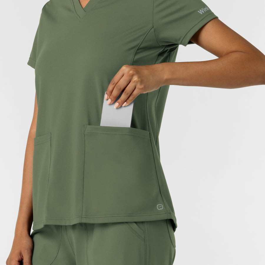 RENEW Knit Women's 2-Pocket Scrub Top Olive hemline detail