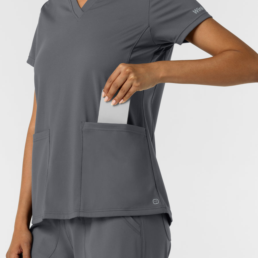 RENEW Knit Women's 2-Pocket Scrub Top Pewter hemline detail
