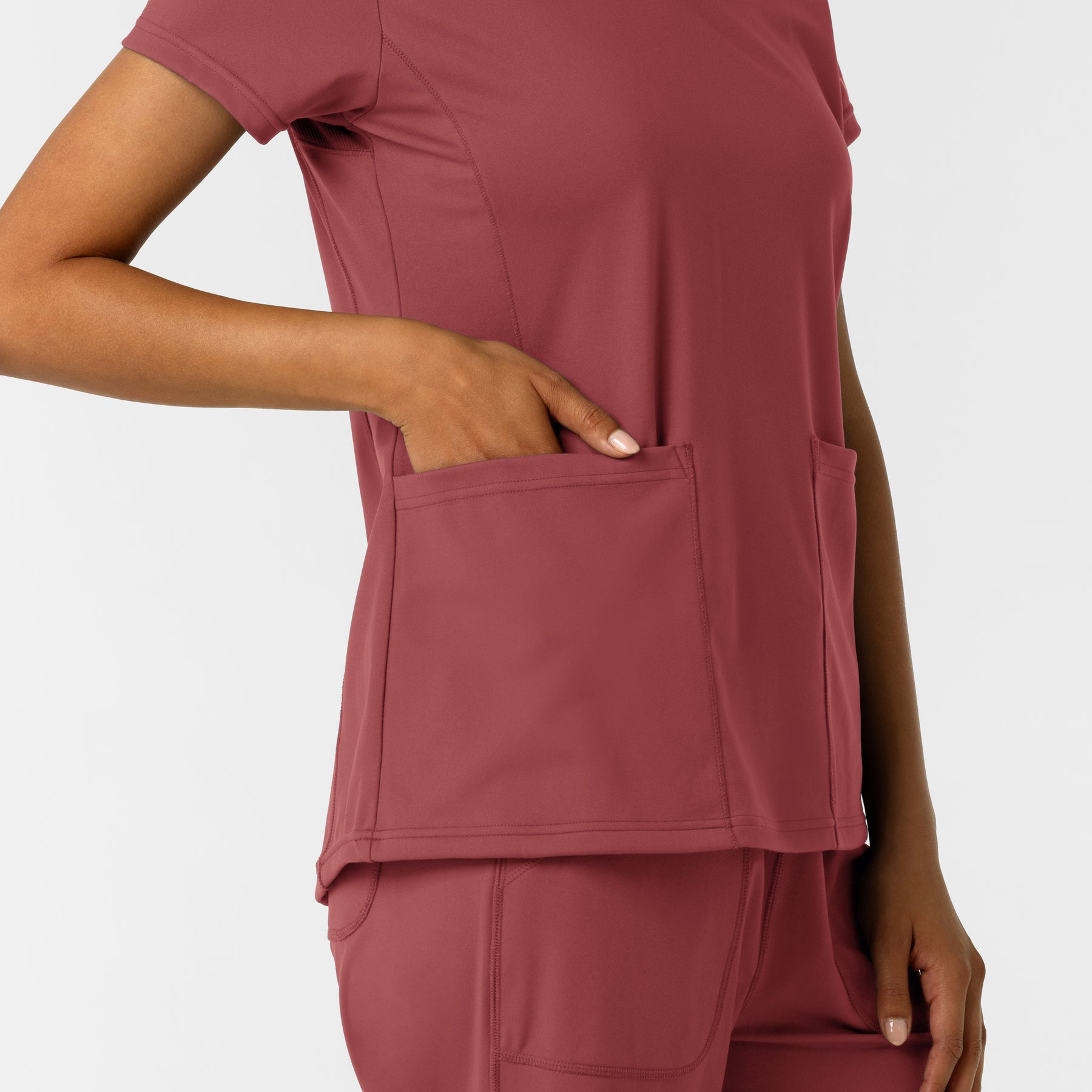 RENEW Knit Women's 2-Pocket Scrub Top - Ruby front pocket