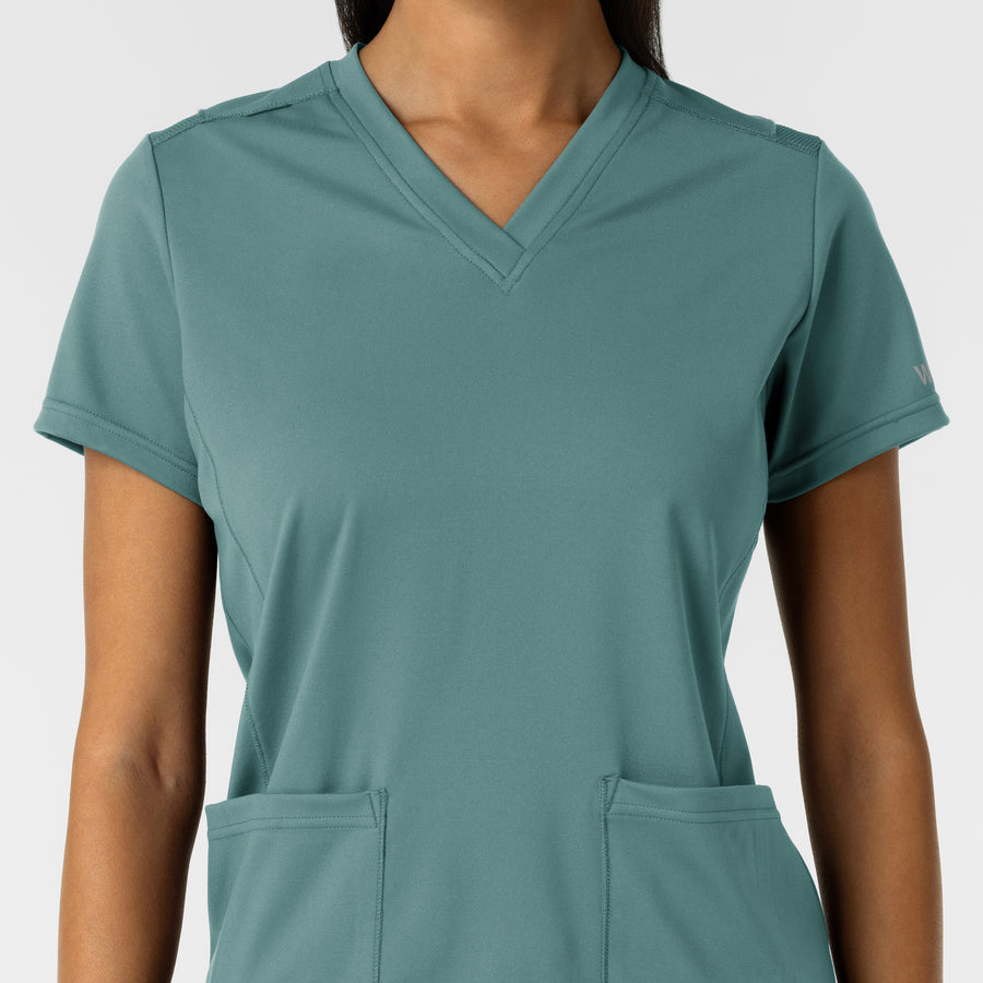 RENEW Knit Women's 2-Pocket Scrub Top - Vintage Teal neckline