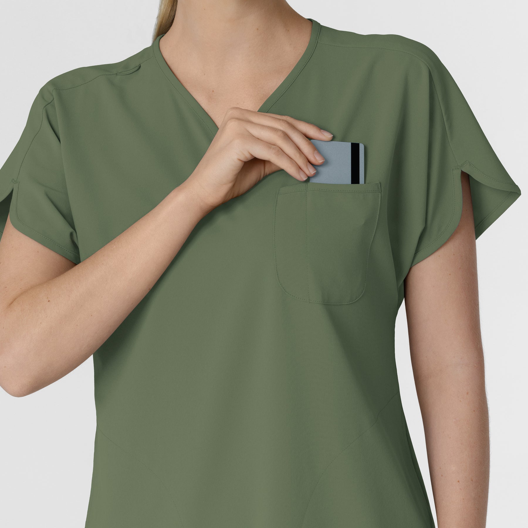 RENEW Women's Dolman Scrub Top Olive hemline detail