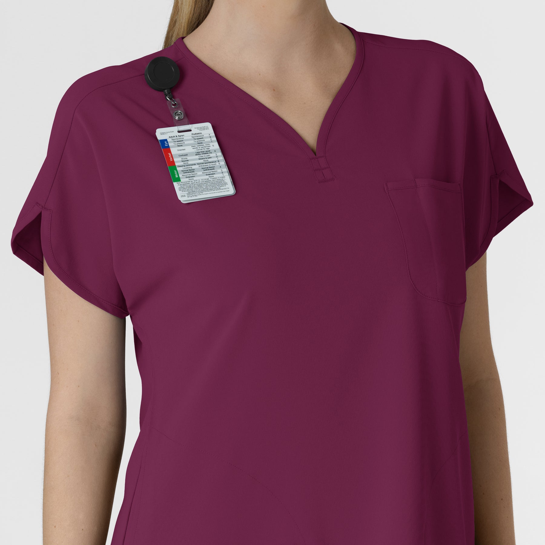 RENEW Women's Dolman Scrub Top Wine side detail 2