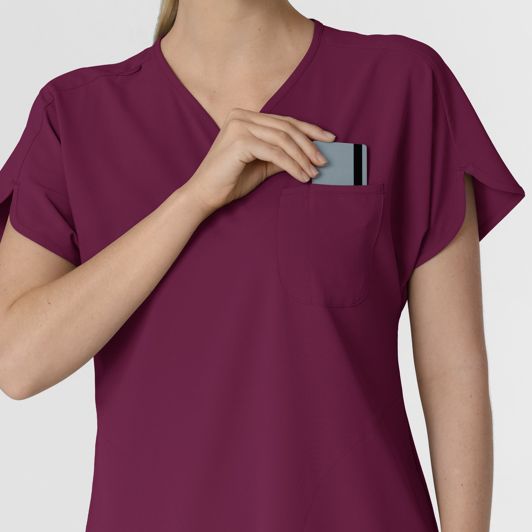 RENEW Women's Dolman Scrub Top Wine hemline detail