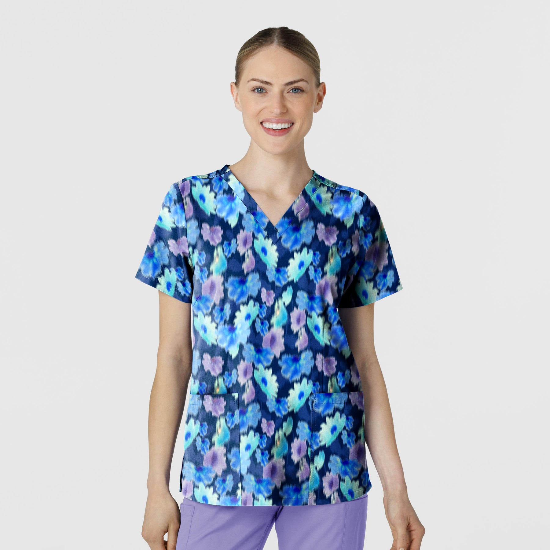 Fashion Prints Women's Fitted 3-Pocket V-Neck Print Scrub Top Flower Meadow