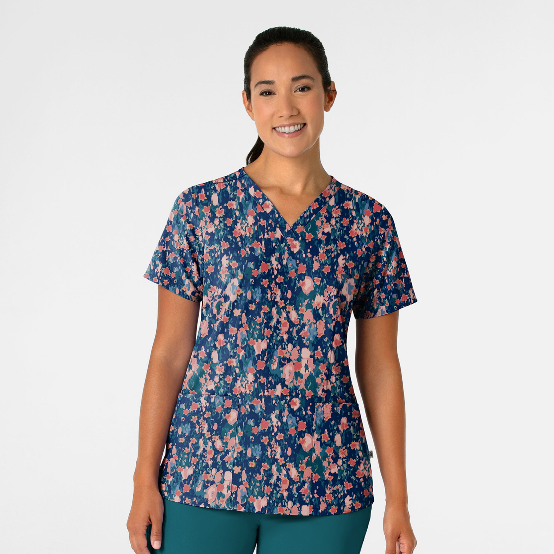 Fashion Prints Women's Fitted 3-Pocket V-Neck Print Scrub Top Flower Shower