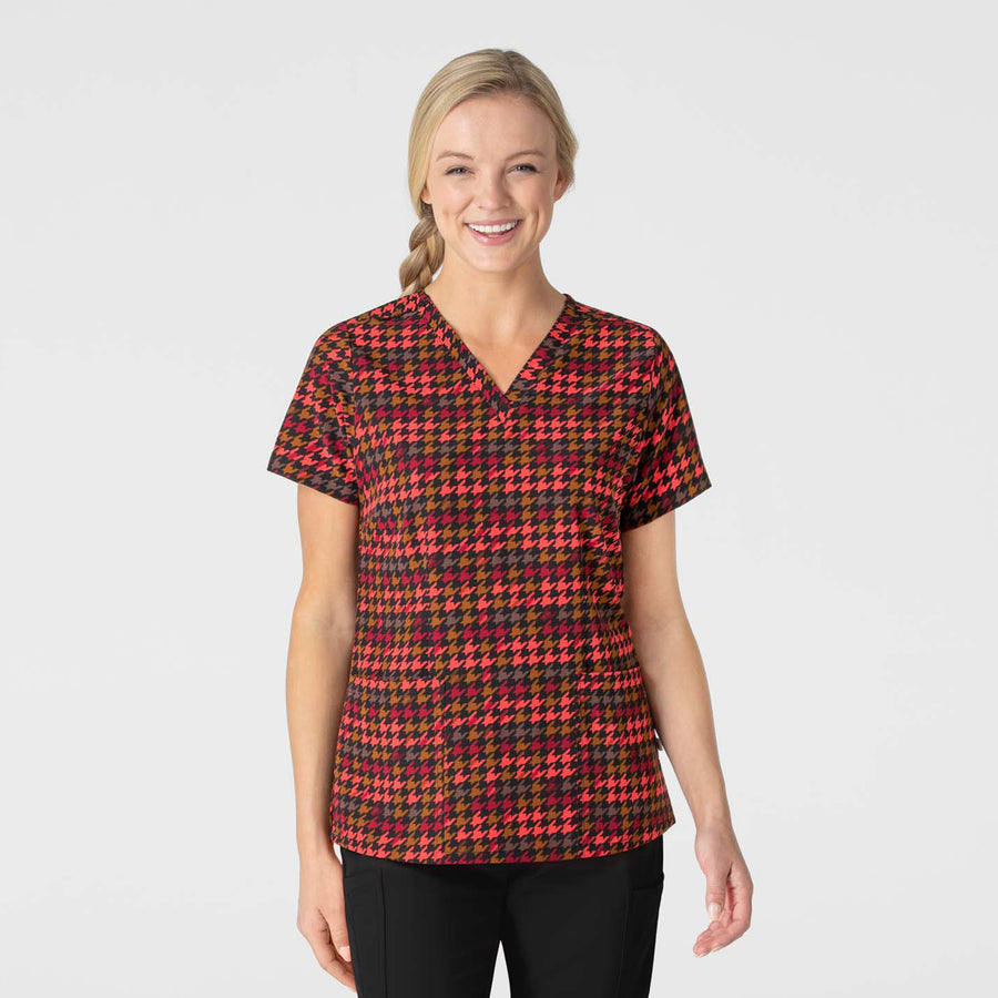 Fashion Prints Fitted 3-Pocket V-Neck Print Scrub Top - Houndstooth Hollow