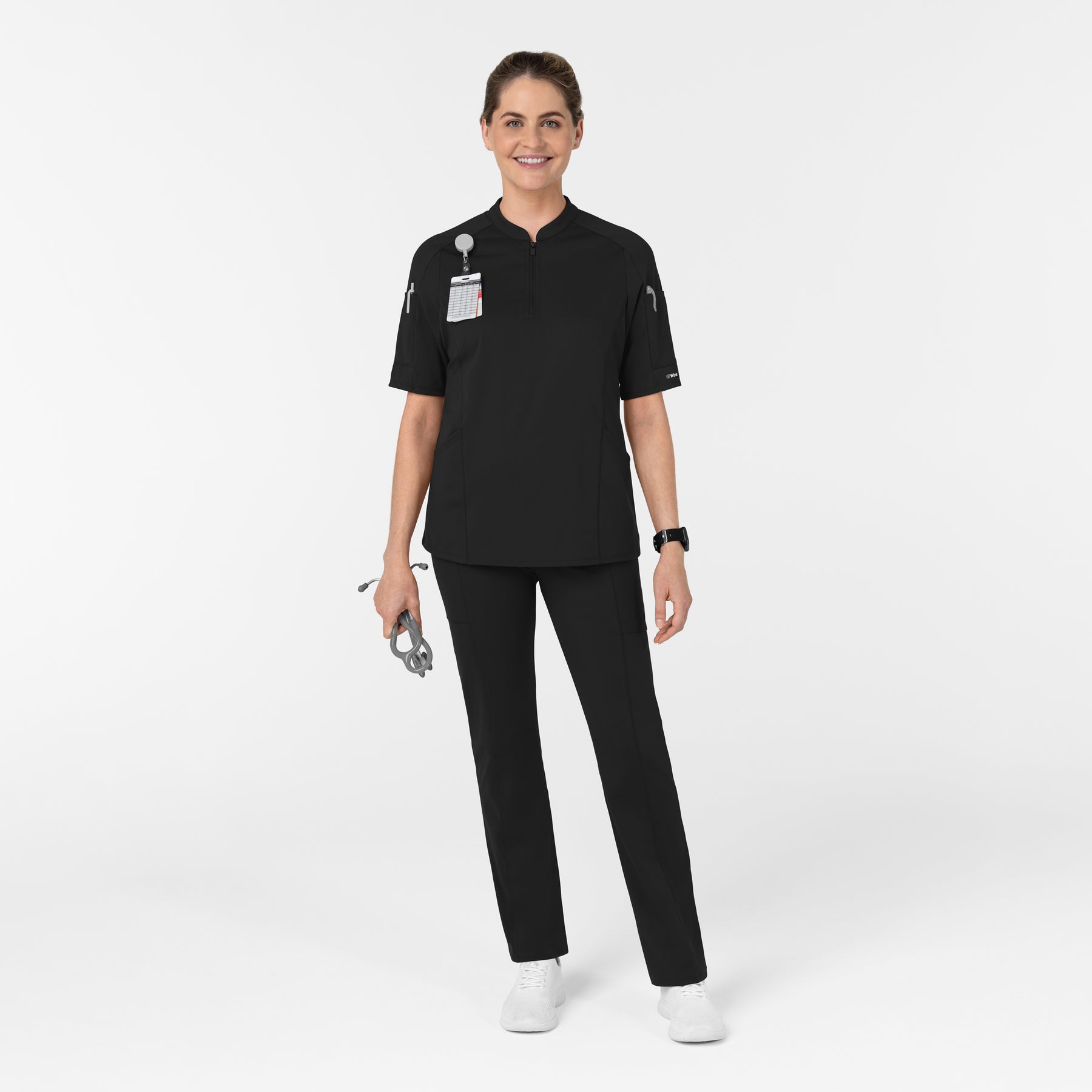 RENEW Women's The Rounds Half-Zip Mid Sleeve Scrub Top Black full scrub set