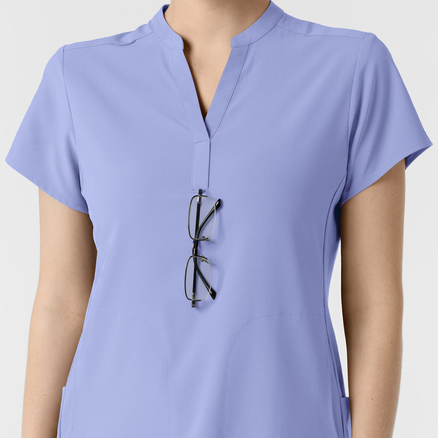 RENEW Women's Mandarin Collar Scrub Top Ceil Blue hemline detail