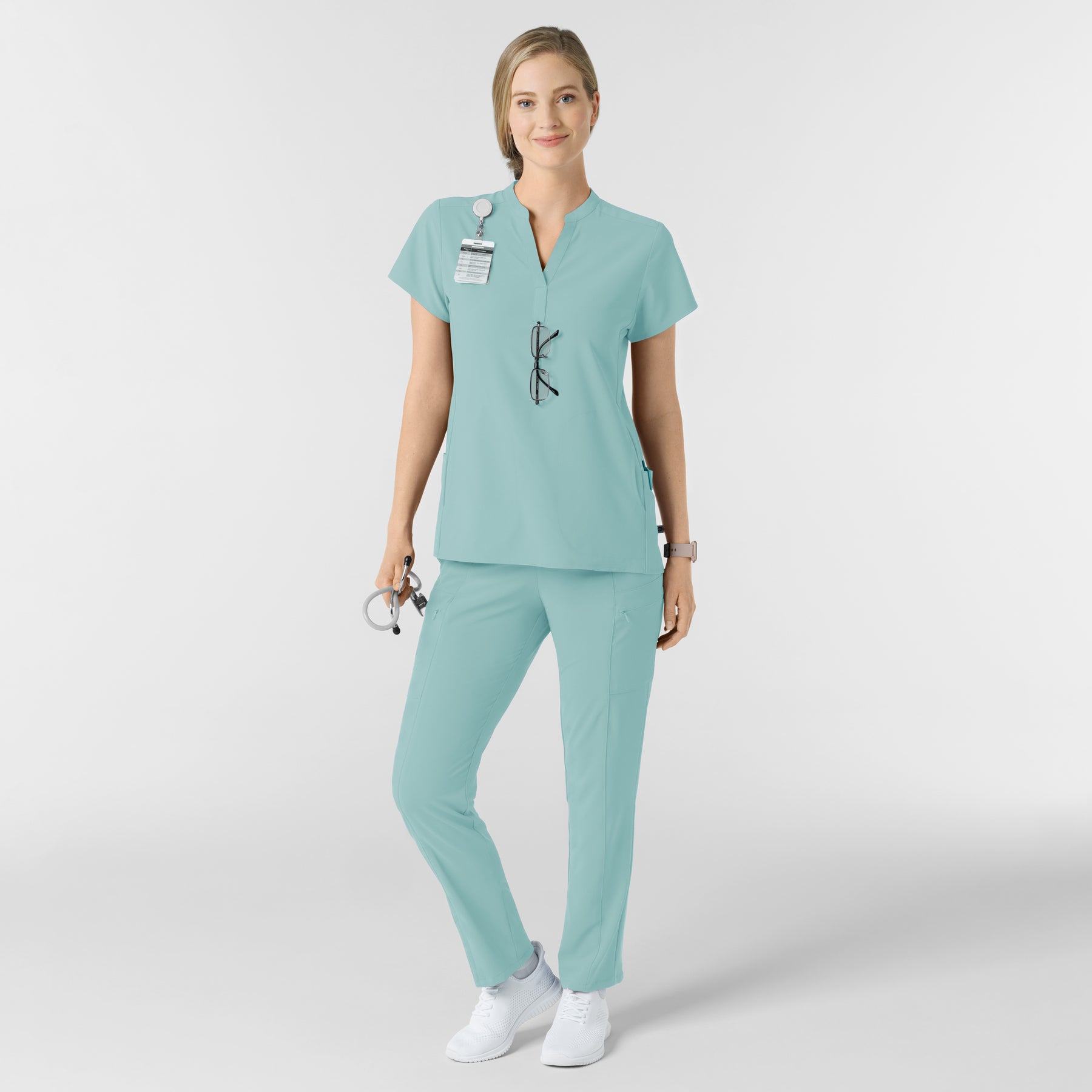 RENEW Women's Mandarin Collar Scrub Top Coastal Blue full scrub set