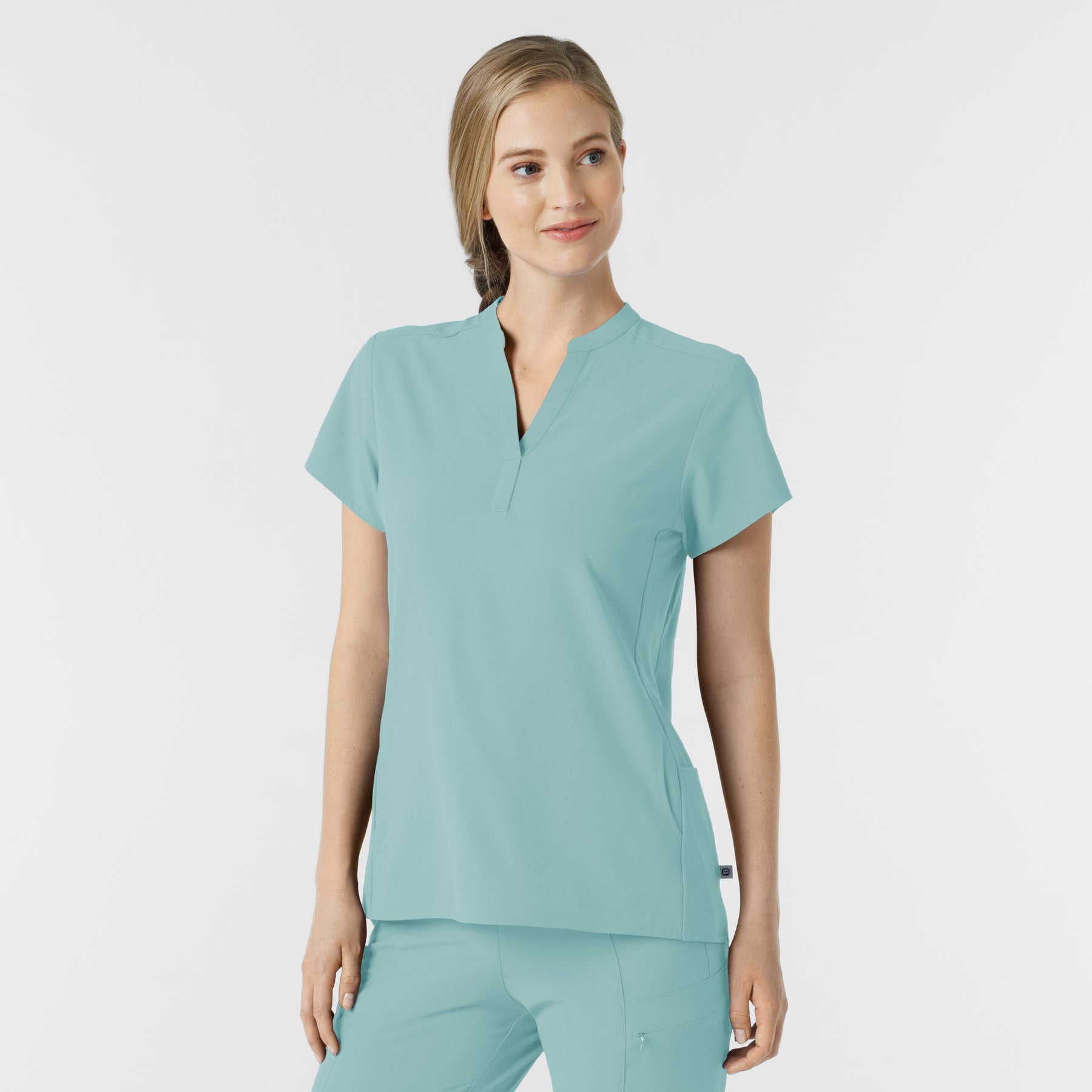 RENEW Women's Mandarin Collar Scrub Top Coastal Blue side view