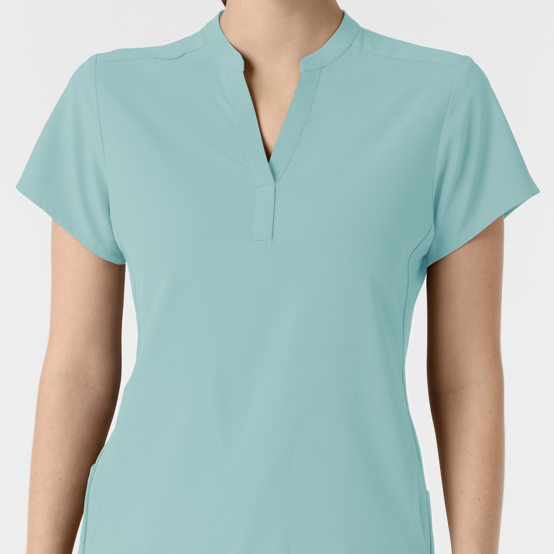 RENEW Women's Mandarin Collar Scrub Top Coastal Blue front detail