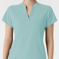 RENEW Women's Mandarin Collar Scrub Top Coastal Blue front detail