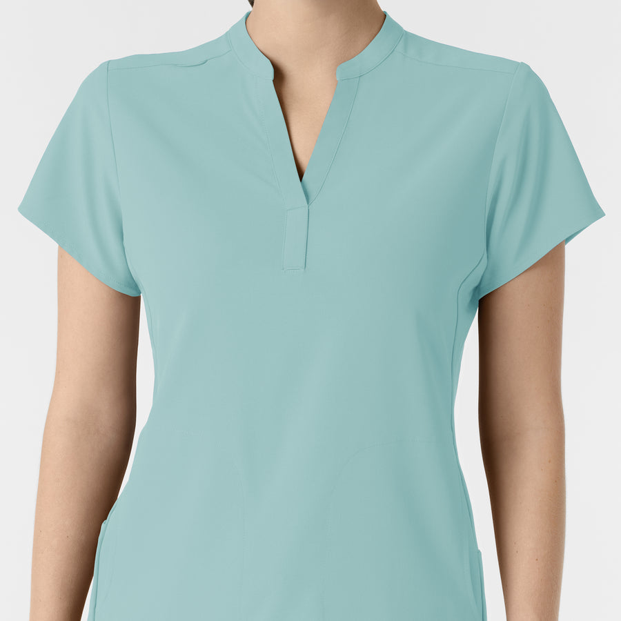 RENEW Women's Mandarin Collar Scrub Top Coastal Blue front detail