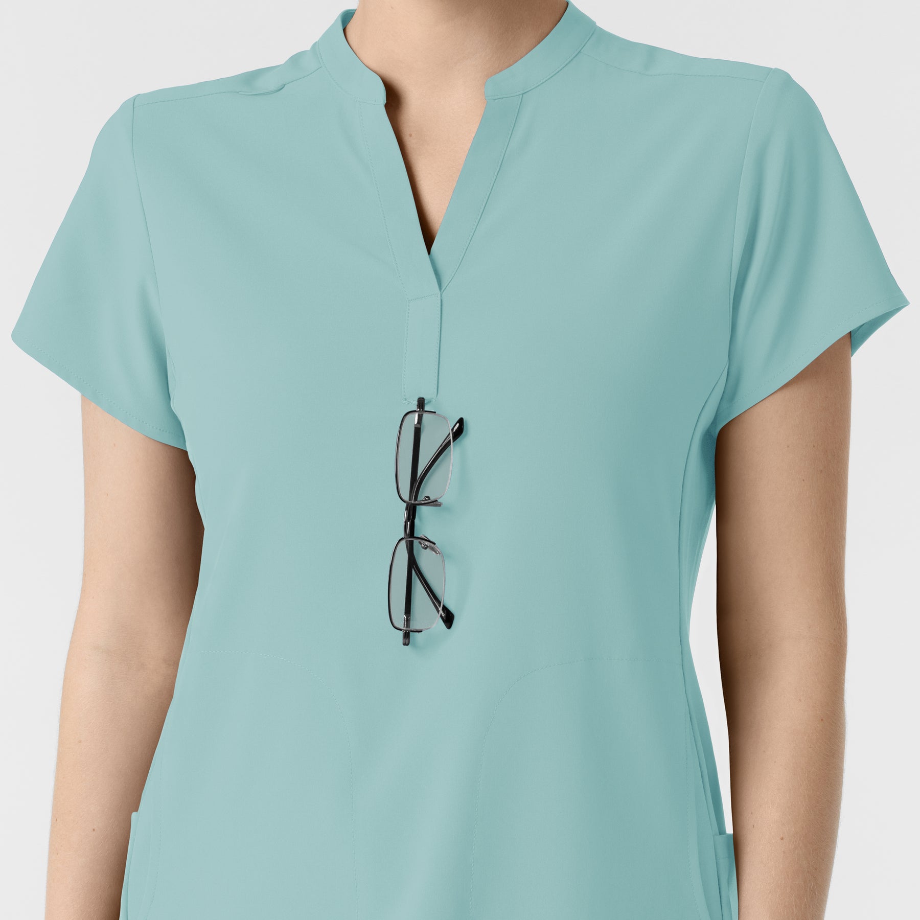 RENEW Women's Mandarin Collar Scrub Top Coastal Blue hemline detail