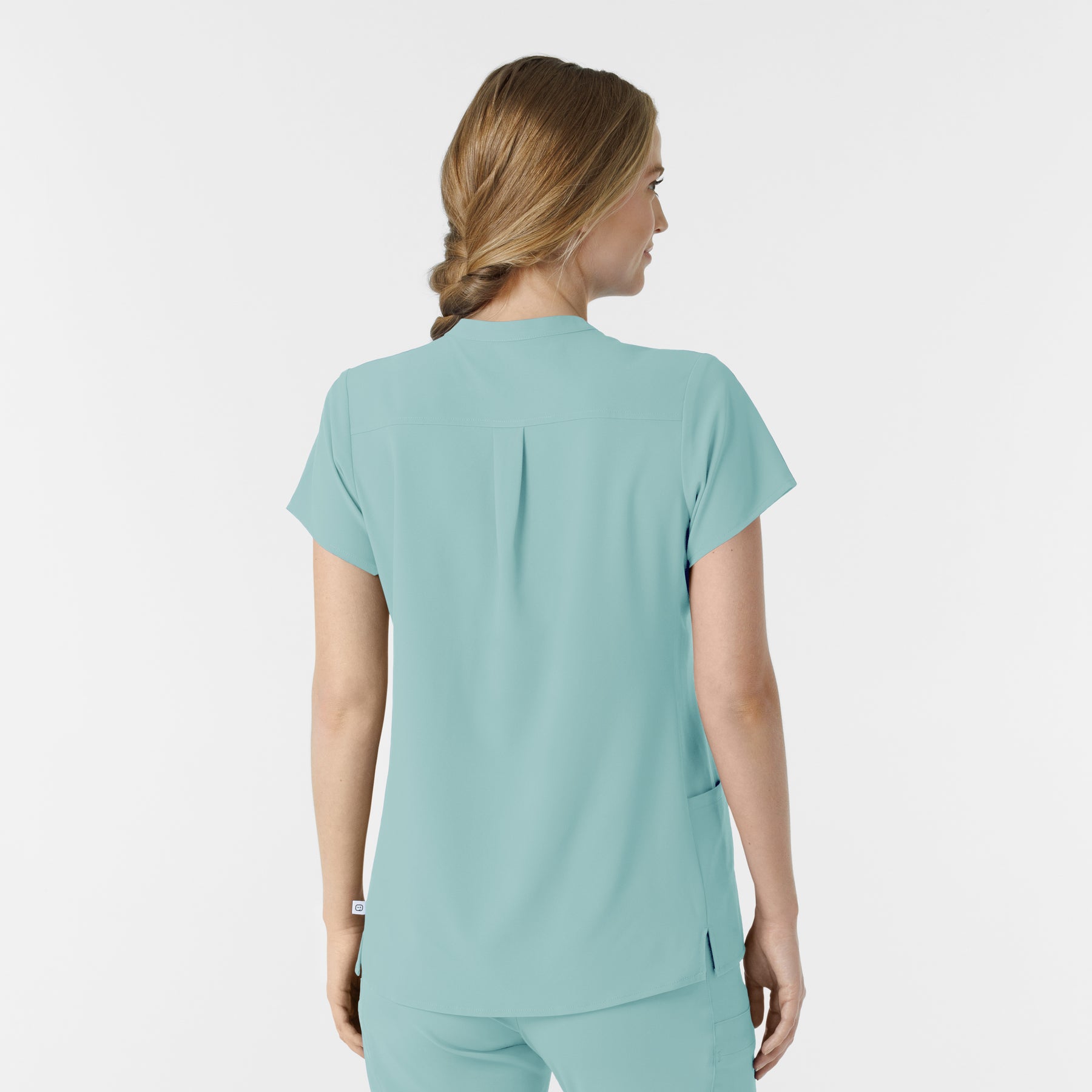RENEW Women's Mandarin Collar Scrub Top Coastal Blue back view