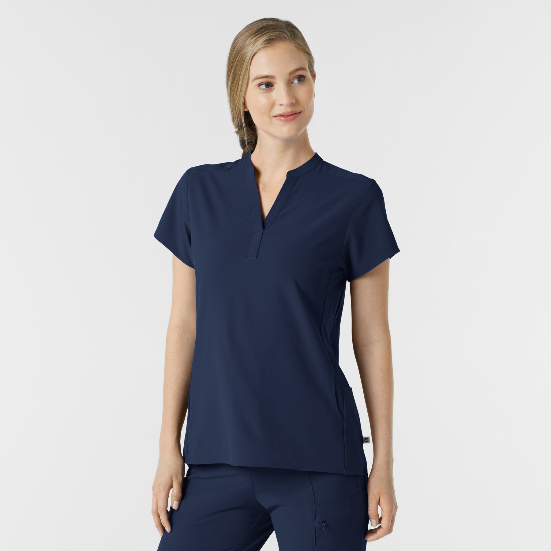 RENEW Women's Mandarin Collar Scrub Top Navy side view