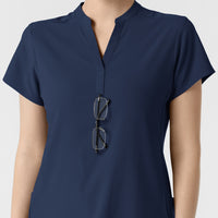 RENEW Women's Mandarin Collar Scrub Top Navy hemline detail