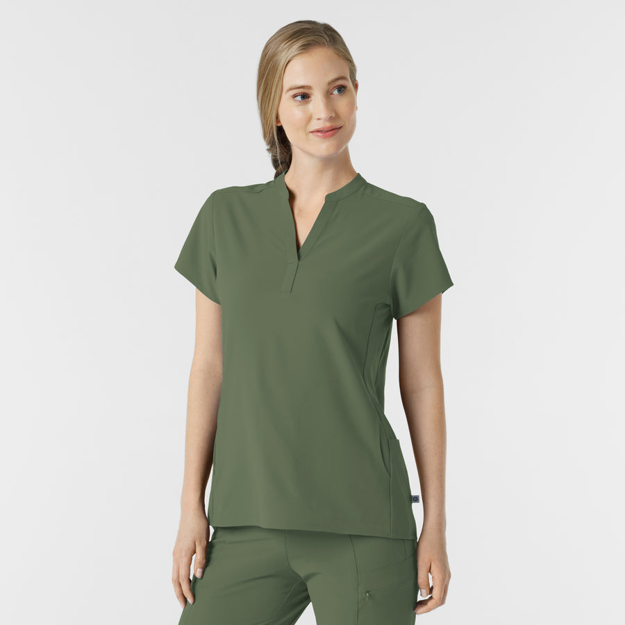 RENEW Women's Mandarin Collar Scrub Top Olive side view