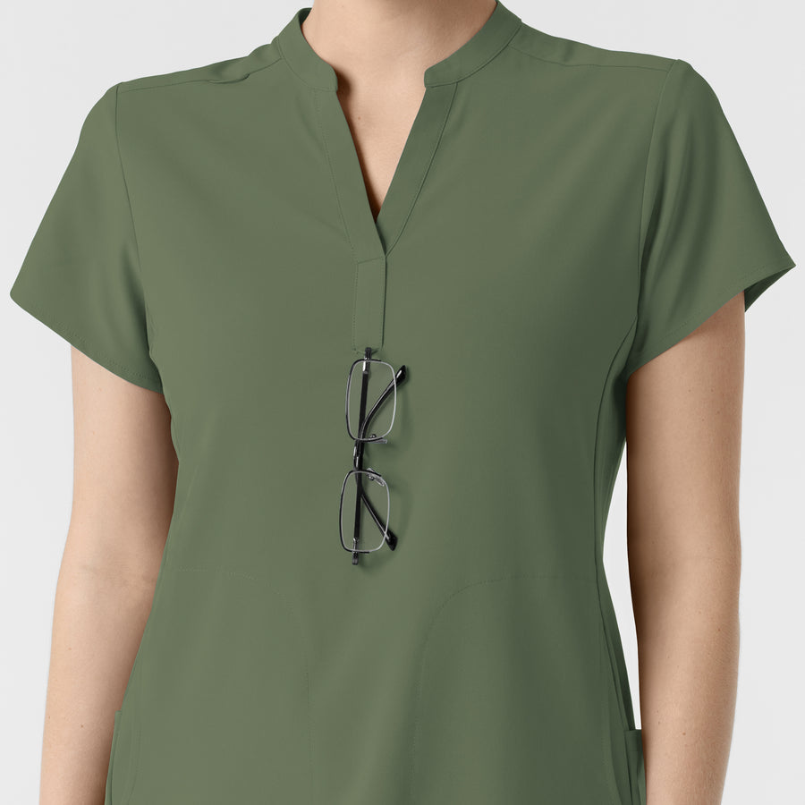 RENEW Women's Mandarin Collar Scrub Top Olive hemline detail