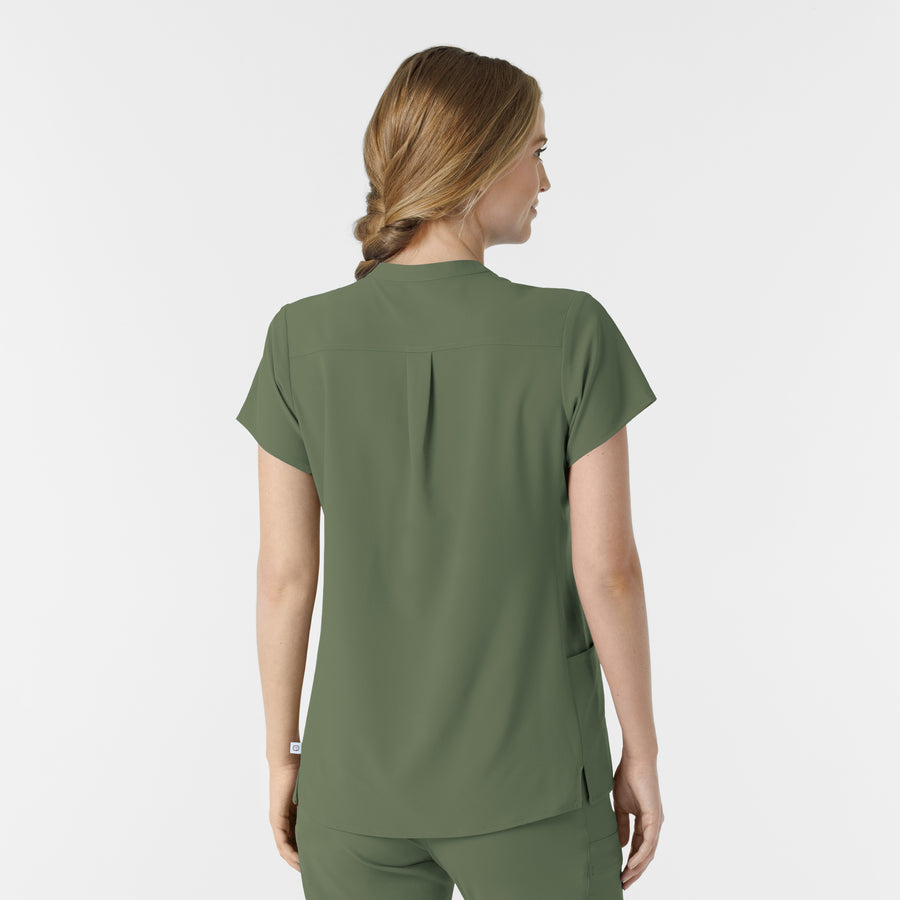 RENEW Women's Mandarin Collar Scrub Top Olive back view