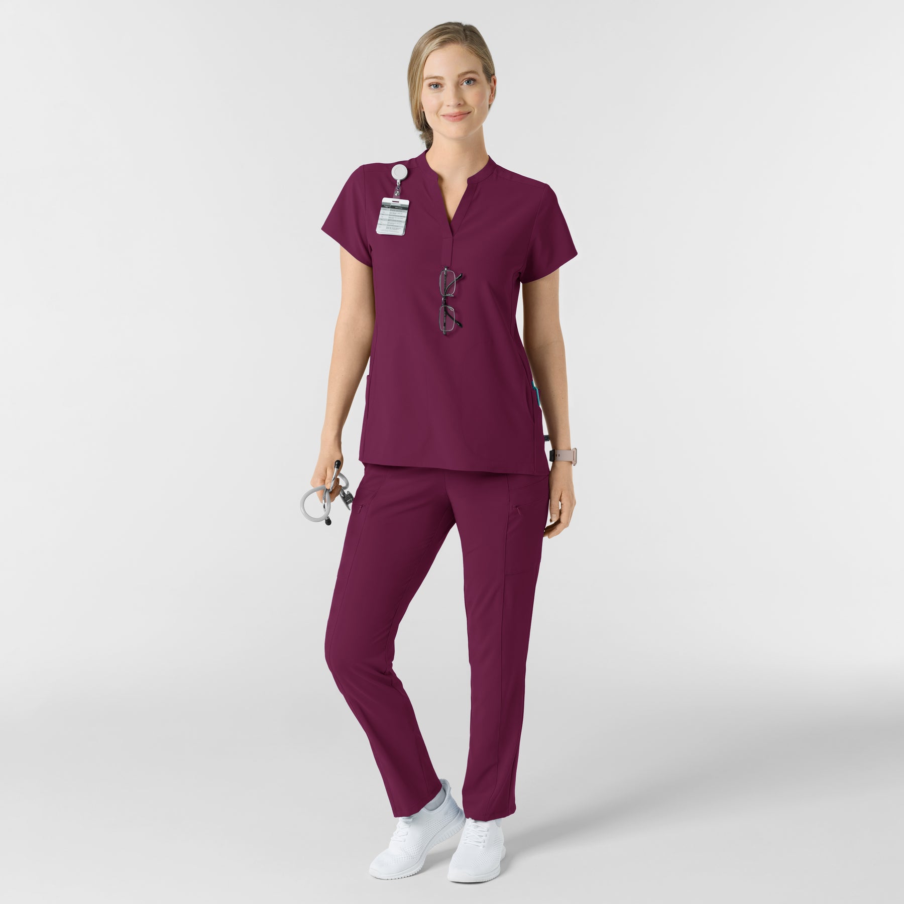 RENEW Women's Mandarin Collar Scrub Top Wine full scrub set