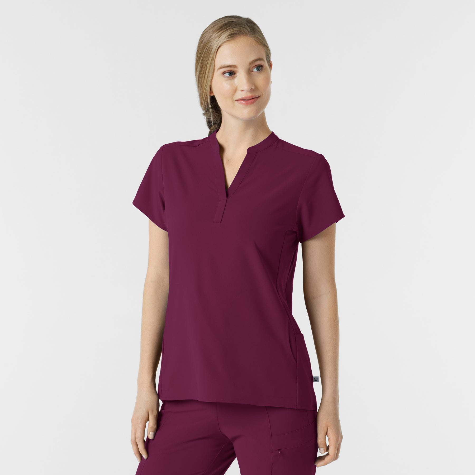 RENEW Women's Mandarin Collar Scrub Top Wine side view