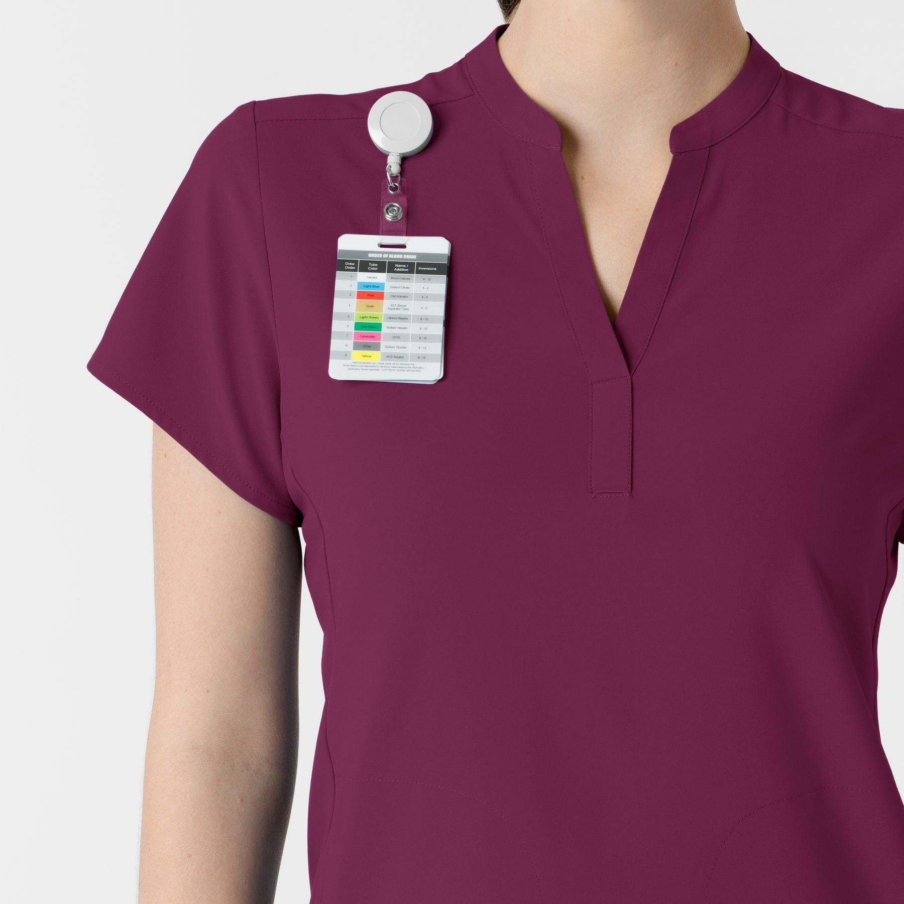 RENEW Women's Mandarin Collar Scrub Top Wine side detail 2