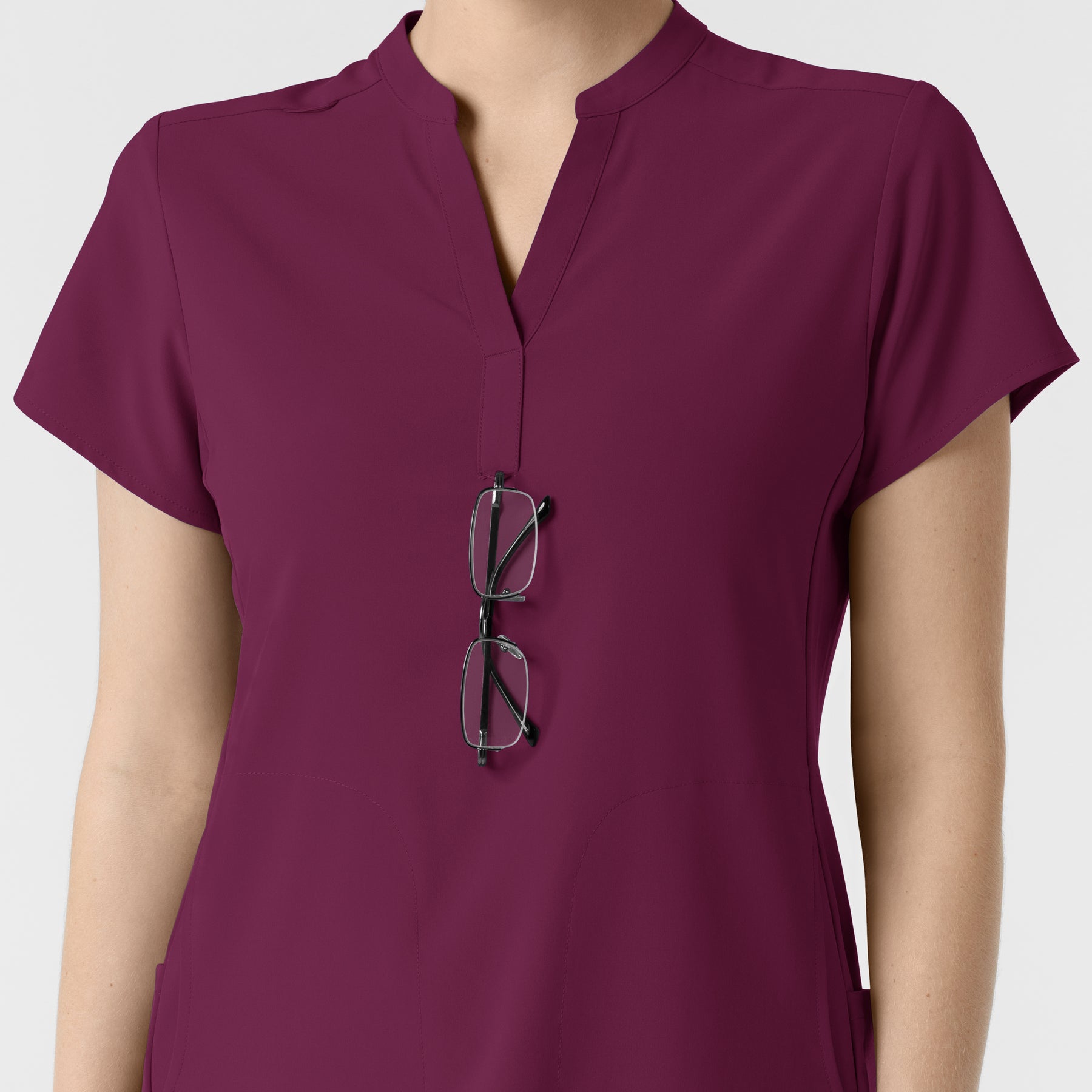RENEW Women's Mandarin Collar Scrub Top Wine hemline detail