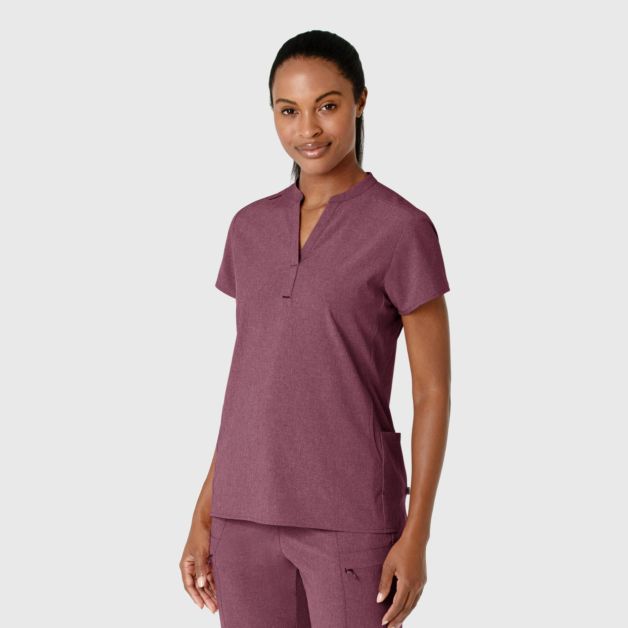 RENEW Women's Mandarin Collar Scrub Top Wine Heather side view