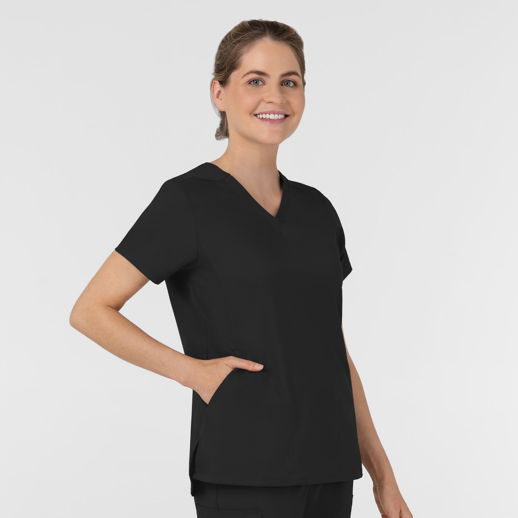 Boundless Women's Slip in Pockets V-Neck Scrub Top Black side view