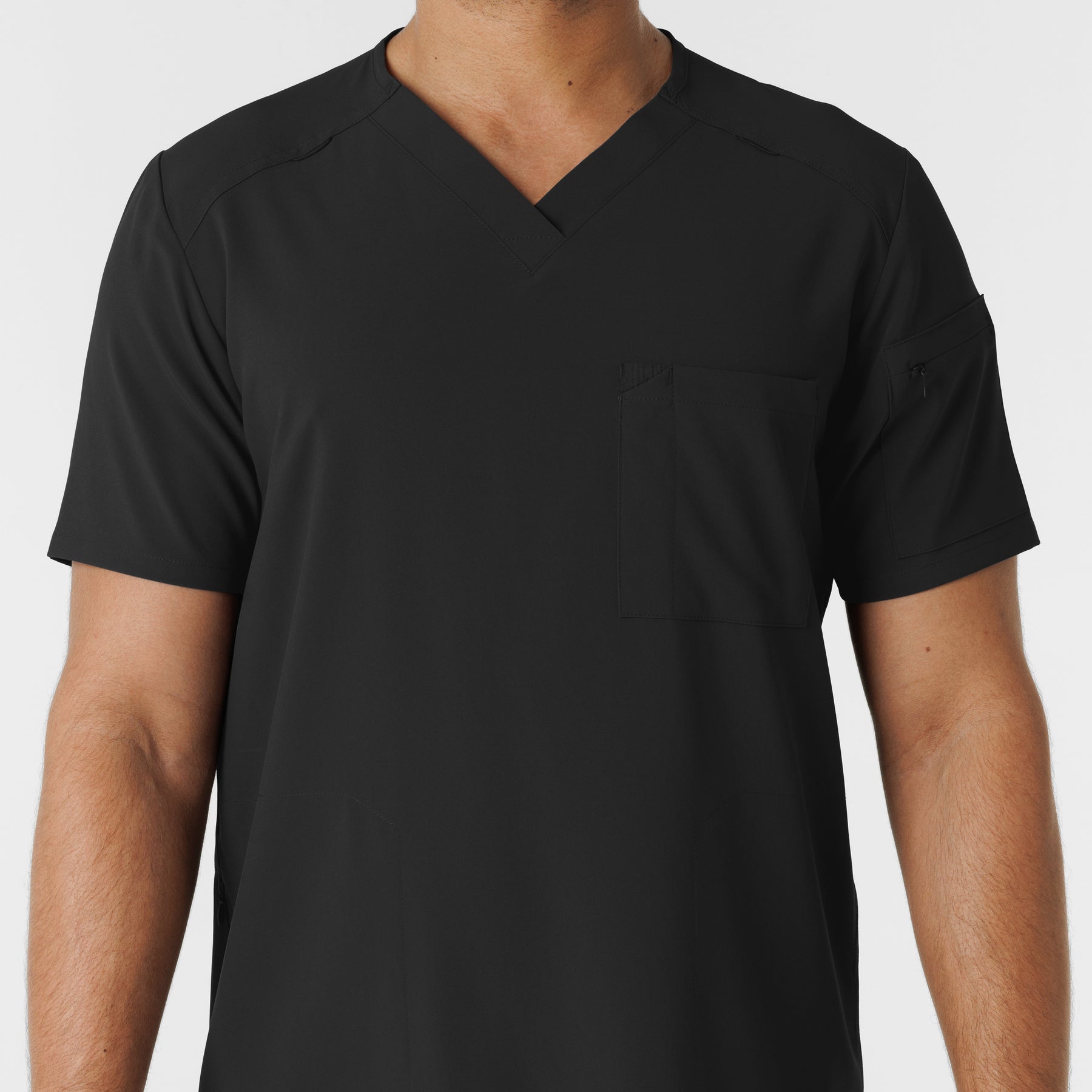 RENEW Men's V-Neck 5 Pocket Scrub Top Black front detail