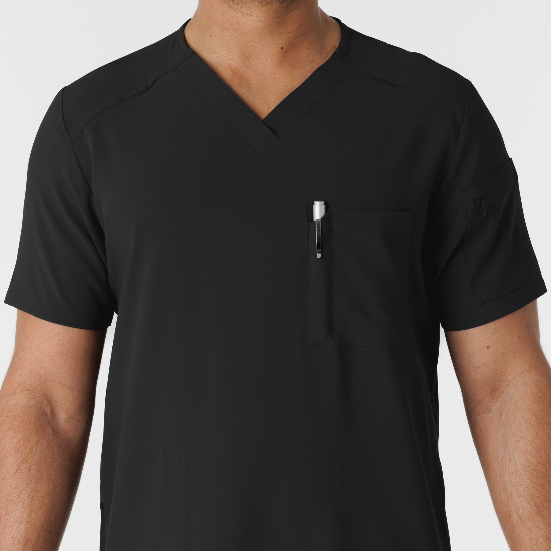 RENEW Men's V-Neck 5 Pocket Scrub Top Black side detail 1