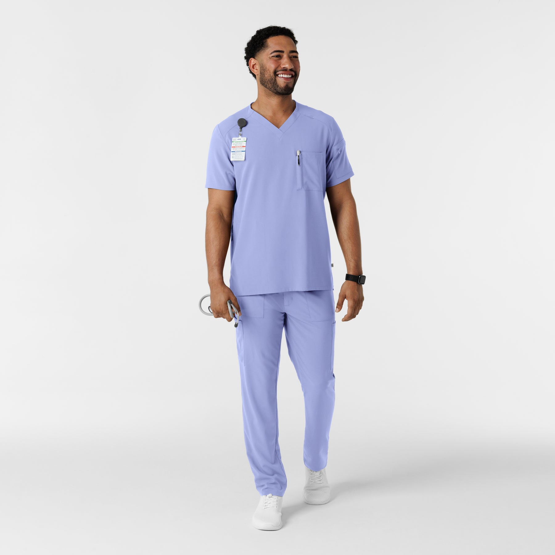 RENEW Men's V-Neck 5 Pocket Scrub Top Ceil Blue full scrub set