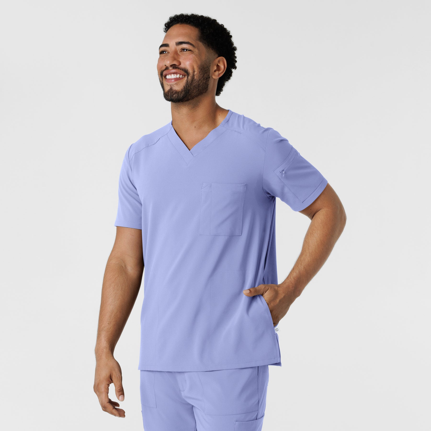 RENEW Men's V-Neck 5 Pocket Scrub Top Ceil Blue side view