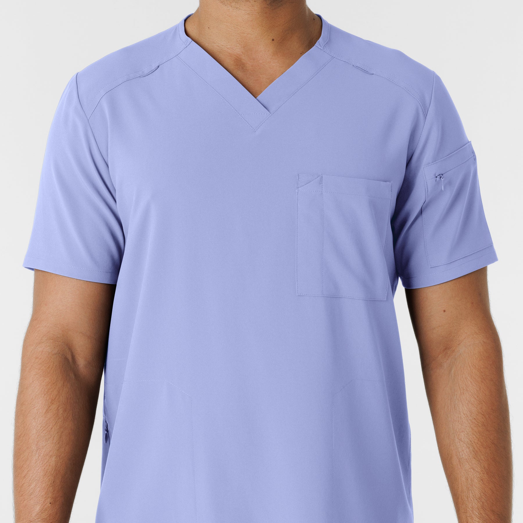 RENEW Men's V-Neck 5 Pocket Scrub Top Ceil Blue front detail