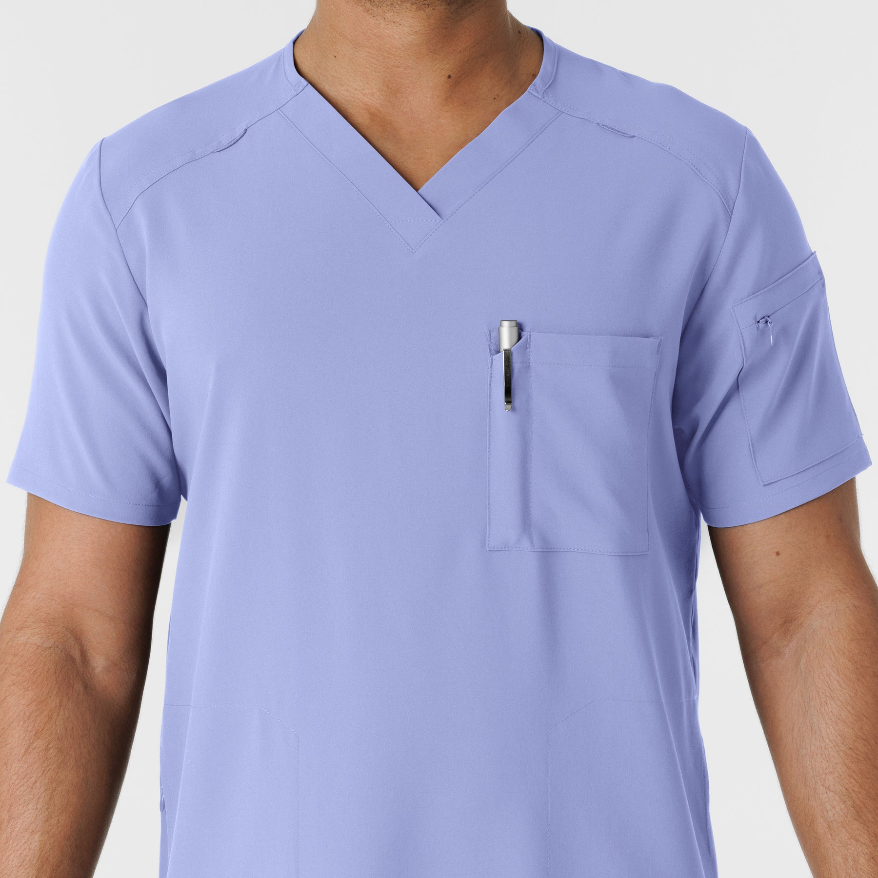 RENEW Men's V-Neck 5 Pocket Scrub Top Ceil Blue side detail 1