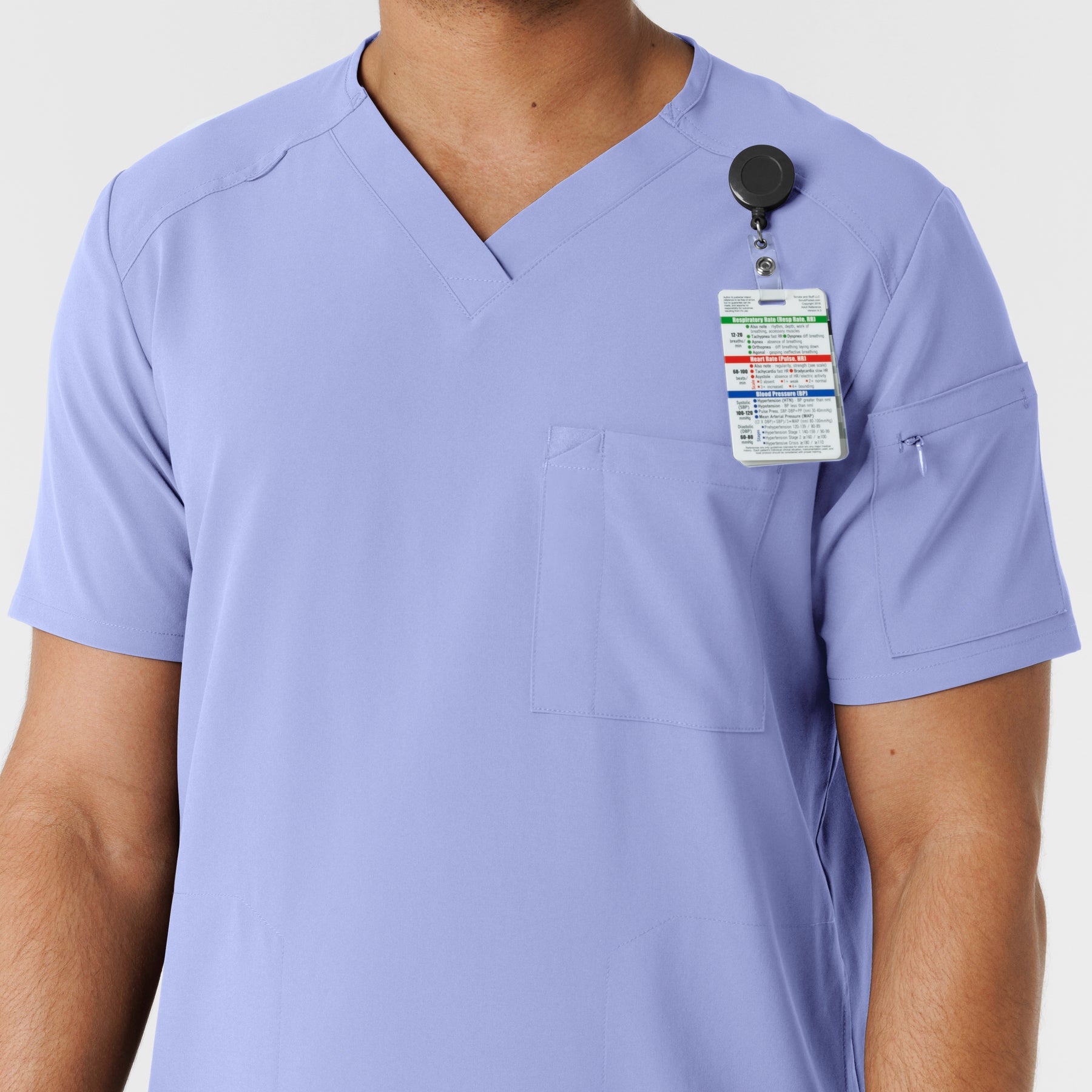 RENEW Men's V-Neck 5 Pocket Scrub Top Ceil Blue hemline detail
